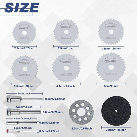 Do It All Rotary Tool Cutting Wheel Set With HSS Circular Blades, Resin Discs And Diamond Wheels, sizes shown for various blades