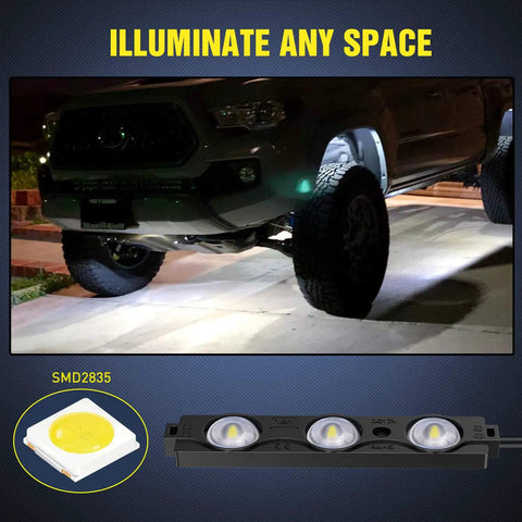 Truck illuminated by 8 Pod 24 LED Rock Light Kit For Trucks And Off Road Rigs With Switch White Lighting for underbody use