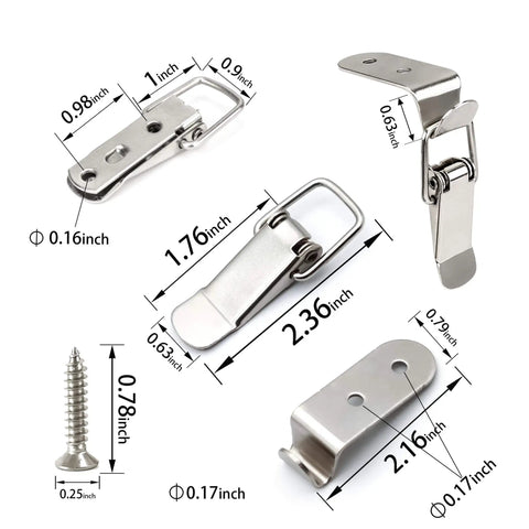 8 Pack Stainless Steel 90 Degree Spring Toggle Lock Latches With Mounting Screws for boxes, cabinets, toolboxes shown with dimensions