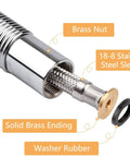 Detailed view of 44 Inch Flexible Stainless Steel Pre Rinse Hose Replacement Kit with brass ending, sleeve, and washer rubber.