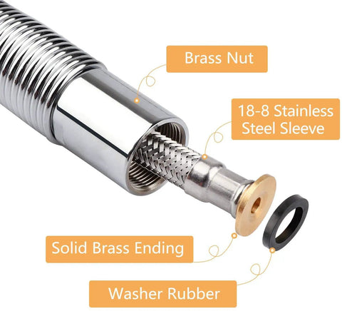 Detailed view of 44 Inch Flexible Stainless Steel Pre Rinse Hose Replacement Kit with brass ending, sleeve, and washer rubber.