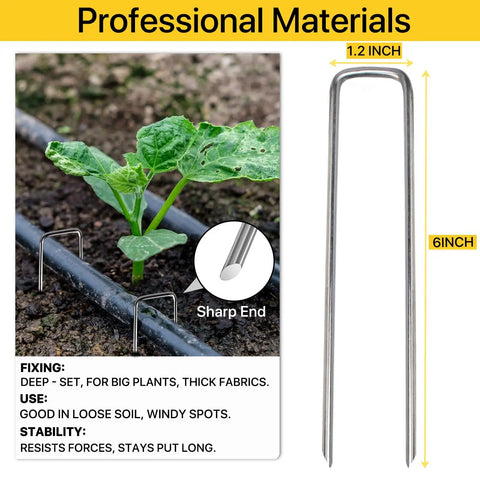 25 Pack 6 Inch Landscape Staples 11 Gauge Galvanized Lawn Stakes securing weed barrier fabric, with easy storage box included