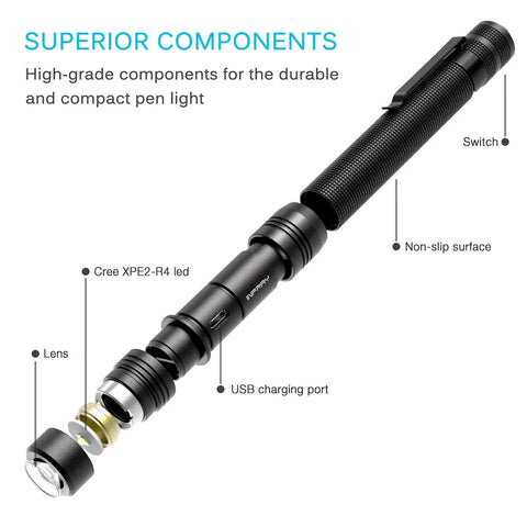 Exploded view of Rechargeable Pen Flashlight With USB Charging Ultra Compact 5.7 Inch EDC Light showing components