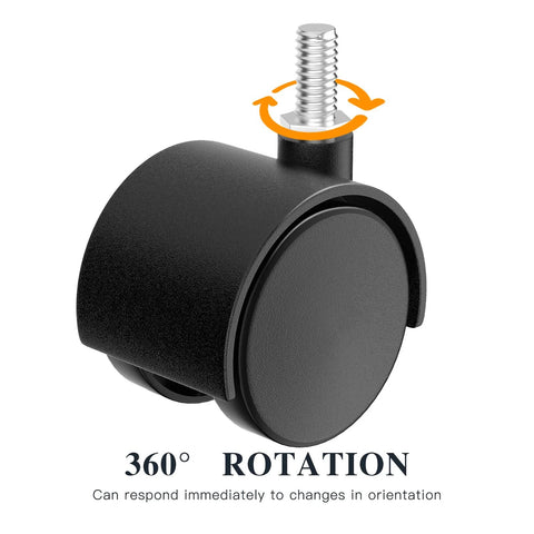 Close-up of black 2-inch plastic caster with M8 threaded stem for furniture, swivel wheel
