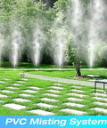 Outdoor view of 1/2 Inch PVC Mist Nozzle Kit for Patio Cooling, showcasing misting action along garden path