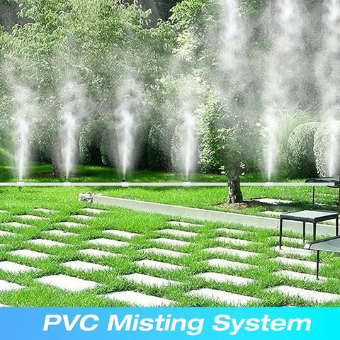 Outdoor view of 1/2 Inch PVC Mist Nozzle Kit for Patio Cooling, showcasing misting action along garden path