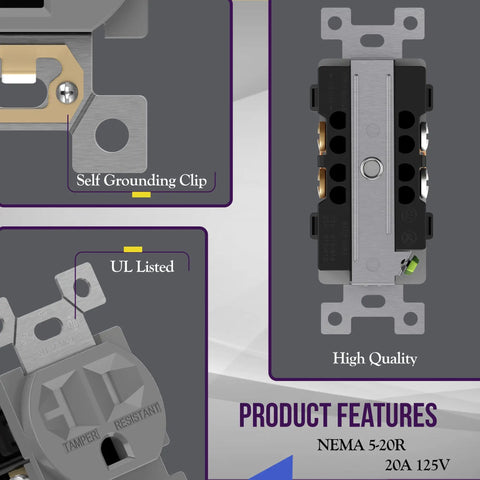 Tamper-Resistant Industrial Grade Duplex Receptacles 20A 125V 2 Pole Grounding 5 20R UL Listed Gray 10 Pack product features with self-grounding clip