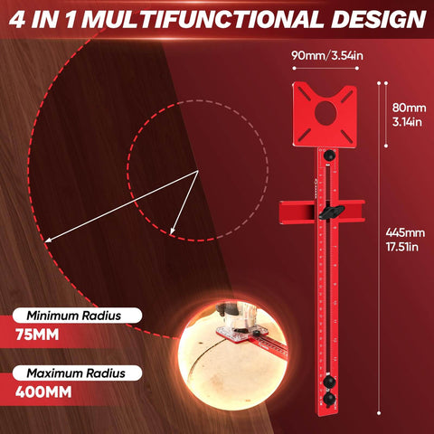 Pro Grade 4 In 1 Router Milling Groove Bracket for woodworking showing dimensions and circular cutting capability