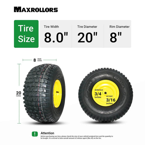 Two Pack Tubeless Lawn Mower Tire And Wheel Set For Rear Size Twenty Inch Diameter By Eight Inch Width Rim Eight Inch With Three And A Half Inch Offset Hub Three Quarter Inch Bore Three Sixteenth Inch Keyway Four Ply Beefy Build side view
