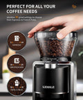 Kidisle Conical Burr Coffee Grinder With 35 Precision Settings Anti Static Design showcasing bean hopper and settings for espresso and French press