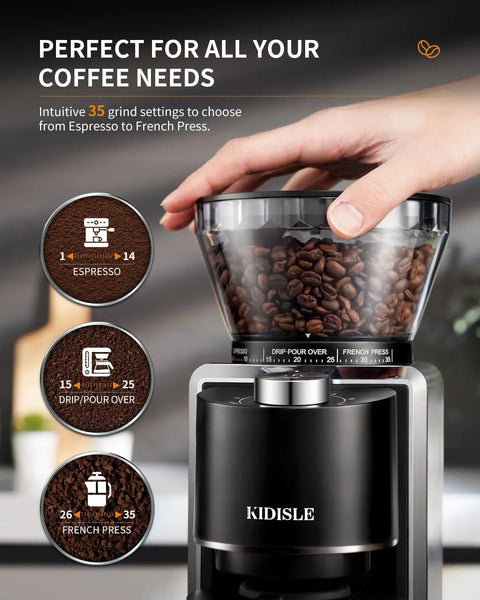Kidisle Conical Burr Coffee Grinder With 35 Precision Settings Anti Static Design showcasing bean hopper and settings for espresso and French press