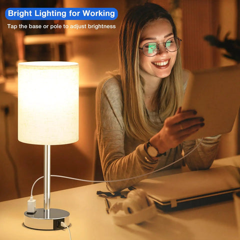 Set Of 2 Bedside Lamps With 3 Way Dimming USB C And USB A Ports And Outlets Modern Nightstand Lamps With Linen Shade And Silver Base