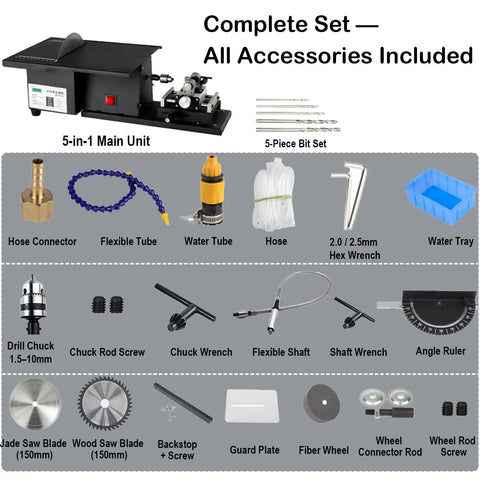 Complete set of 5 In One Lapidary Machine With 1850W Motor And 180mm Diamond Blade accessories for gem crafting and jewelry making.