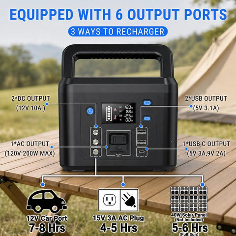 Front view of Compact 200W Portable Power Station With 192Wh LiFePO4 Battery Solar Generator showing ports and indicators.