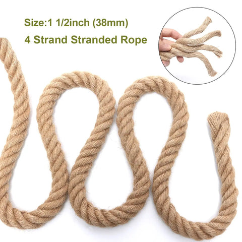 Go-To Heavy Duty Natural Jute Rope 1 1/2 Inch By 100 Feet For Crafts Gardening Bundling Hammock Nautical Decor Tug Of War Railings And Home Projects Durable Twisted Hemp Rope displayed coiled with hand showing strands.