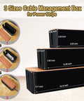 Cable Management Kit With Three Boxes And 128 Pieces To Hide Wires Cord Organizer Set For Home And Office ABS Safe Material Large Medium Small Compartments Black, showing size dimensions and power strip placement.