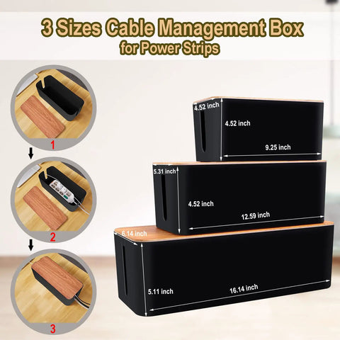 Cable Management Kit With Three Boxes And 128 Pieces To Hide Wires Cord Organizer Set For Home And Office ABS Safe Material Large Medium Small Compartments Black, showing size dimensions and power strip placement.