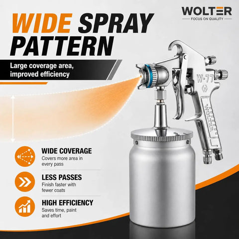 Pro Grade Spray Gun Delivers Smooth As Butter Coats And Sick Looking Finishes On Water Based Paint For Home Reno Jobs That Come Out Seriously Dope With Zero Streaky Mess Or Drips Each And Every Time, showcasing wide spray pattern and silver aluminum body.