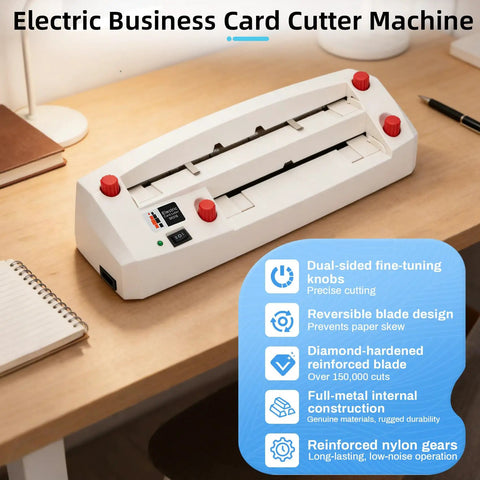 Automatic Nine-Blade Business Card Cutter For 3.5 By 2 Inch Biz Cards, Handles Up To 0.4mm Max Thickness, on office desk view.