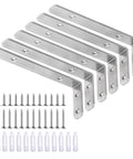 Pack of 6 stainless steel L Shaped Corner Bracket 5 By 2 Inches, shown with screws and anchors, for easy installation on wooden boards.