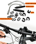Pro Grade 107 Piece Bike Cable Kit With Stainless Steel Wire Cutter Universal Cable Housing Brake And Shift Cables End Caps O Rings And Crimps For Quick No Hassle Bike Maintenance Includes 6 Brake Cables And 6 Shift Cables shown with tools and handlebars.