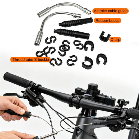 Pro Grade 107 Piece Bike Cable Kit With Stainless Steel Wire Cutter Universal Cable Housing Brake And Shift Cables End Caps O Rings And Crimps For Quick No Hassle Bike Maintenance Includes 6 Brake Cables And 6 Shift Cables shown with tools and handlebars.