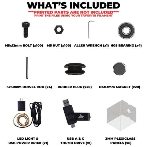 Contents of Enclosure Kit With LED Light For 3D Printers Made To Fit Bambu Lab A1 Mini Prusa MK4 Mini And Ikea Lack Table
