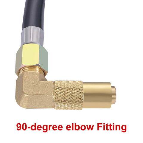 Close-up of 90-degree elbow fitting for Six Foot Propane Adapter Hose With Regulator To Quick Connect For 17 And 22 Inch Blackstone Tabletop Camper Grills