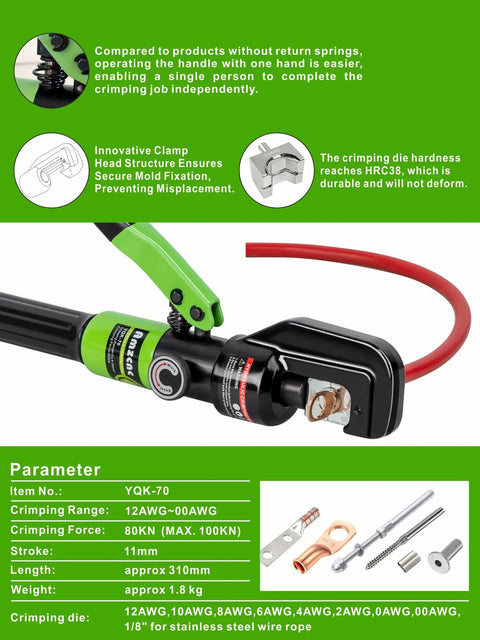 10 Ton Hydraulic Battery Cable Lug Crimping Tool Kit with specifications and components displayed