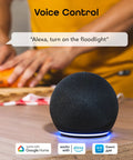 Person using voice control with smart speaker for Outdoor Smart Floodlight For Your Porch 2700K To 6500K Dimmable LED Bulb.