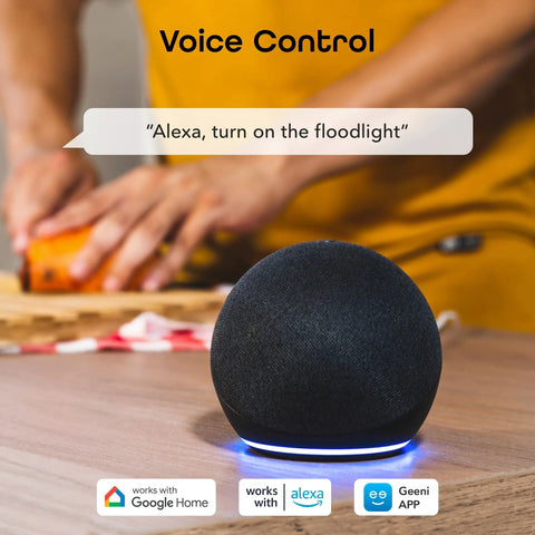 Person using voice control with smart speaker for Outdoor Smart Floodlight For Your Porch 2700K To 6500K Dimmable LED Bulb.