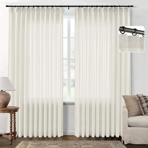 Extra Wide Linen Curtains With Tailored Pinch Pleat Top For Track System With Hooks, Light Filtering Semi Sheer Panel installed in living room.