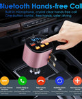 5 In 1 Ride Ready Retractable Car Charger With 90W Heavy Hitter Fast Charge And Bluetooth 5 3 FM Transmitter For Handsfree Cruise Calls Plus Two Tidy Pullback Cables For A Darn Slick Dashboard Setup mounted in car, showing buttons and usage for hands-free calls.