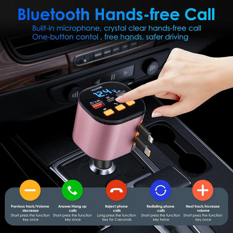 5 In 1 Ride Ready Retractable Car Charger With 90W Heavy Hitter Fast Charge And Bluetooth 5 3 FM Transmitter For Handsfree Cruise Calls Plus Two Tidy Pullback Cables For A Darn Slick Dashboard Setup mounted in car, showing buttons and usage for hands-free calls.