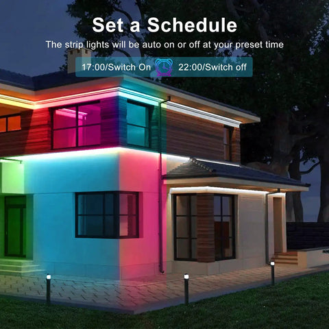 Modern house with 100ft Outdoor LED Strip Lights Waterproof IP65 With Bluetooth Remote And Smart App Control 5050 RGB on facade
