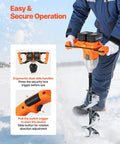 User holding Beast Mode 40V Electric Ice Auger With 8 Inch Diameter for ice fishing, showing ergonomic handles and snow cutting.