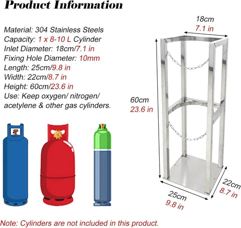 Heavy Duty Stainless Steel Gas Cylinder Rack For 8 To 10 L Cylinders with dimensions and material details.