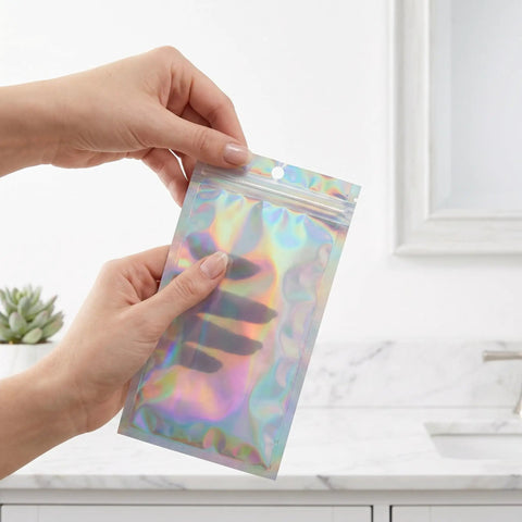 Person holding a 100 Pack Holographic Jewelry Bags With Clear Window Resealable Self Sealing Packaging For Jewelry Candy Snacks And Small Biz Gifts Iridescent Shiny Bags For Easy Identification And Stunning Display