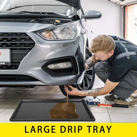 Three Piece Extra Large Heavy Duty Oil Drip Pan Set 35.4 by 24 by 1.6 Inches Plastic Oil Drain Tray catching oil under car
