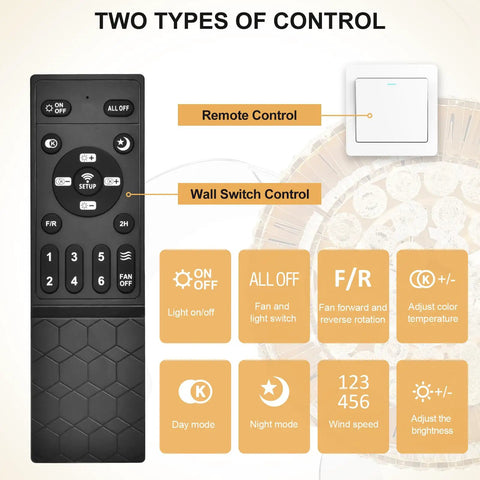 Remote and wall switch controls for 36 Inch Fandelier Ceiling Fan With Light Gold Dope Retractable Crystal Chandelier Style Reversible Blades
