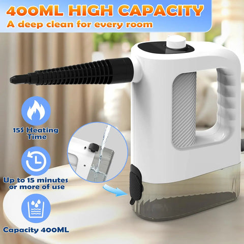 Powerful Handheld Steamer Uses 1200W Hot Steam To Cut Grease Fast, Heats Up In Seconds, Large 400mL Tank.