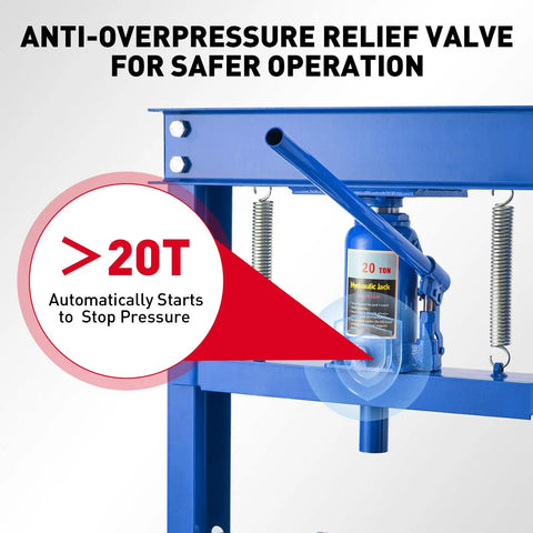 20 Ton Hydraulic Shop Press With H Frame For Auto Bending And Stamping Heavy Duty Adjustable Table And Press Plates Durable Car Workshop Tool In Blue Finish showing pressure relief valve.