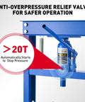 Anti-overpressure relief valve on Heavy Duty 20 Ton Hydraulic Shop Press With Solid H Frame Build And Adjustable Work Table.