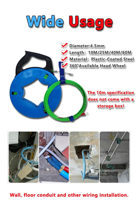 Professional 32 Ft Fish Tape Wire Snake for Electrical Installations, 10M length, plastic-coated steel, suitable for conduit wiring.