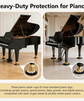Heavy Duty Piano Caster Cups Set For Upright And Grand Pianos, installed under a grand piano, showing metal rubber pads with felt bottom.