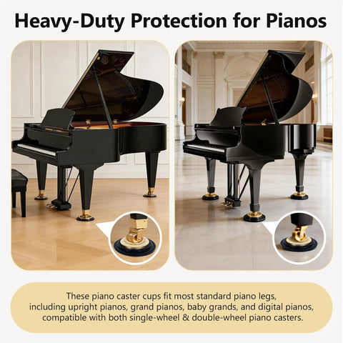 Heavy Duty Piano Caster Cups Set For Upright And Grand Pianos, installed under a grand piano, showing metal rubber pads with felt bottom.