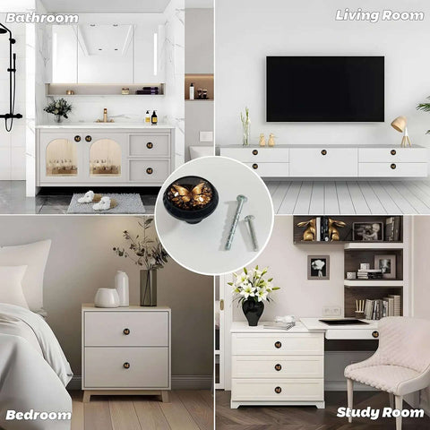 4 Pack Golden Butterfly Cabinet Knobs With Matte Black Base, Elegant Floral Accents And Rhinestone Details in various room settings