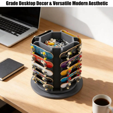 360 Degree Rotating Fingerboard Display Stand For 20 Decks And Accessories Heavy Duty Desktop Organizer on wooden desk