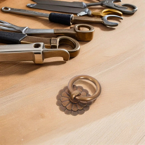 Vintage Brass Ring Pulls Six Pack Solid Round Cabinet Handles Old School Drawer Knobs For Kitchen Cupboard Closet Hardware