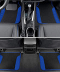 Two tone carpet floor mats shown in vehicle interior, featuring blue trim and non-slip design. Level Up Your Slick Ride With This Premium Car Accessory Gift Bundle Featuring Thermal Blocking Auto Sunshade Two Tone Carpet Floor Mats And Ergonomic Grip Steering Wheel Cover For Trucks Vans SUVs.